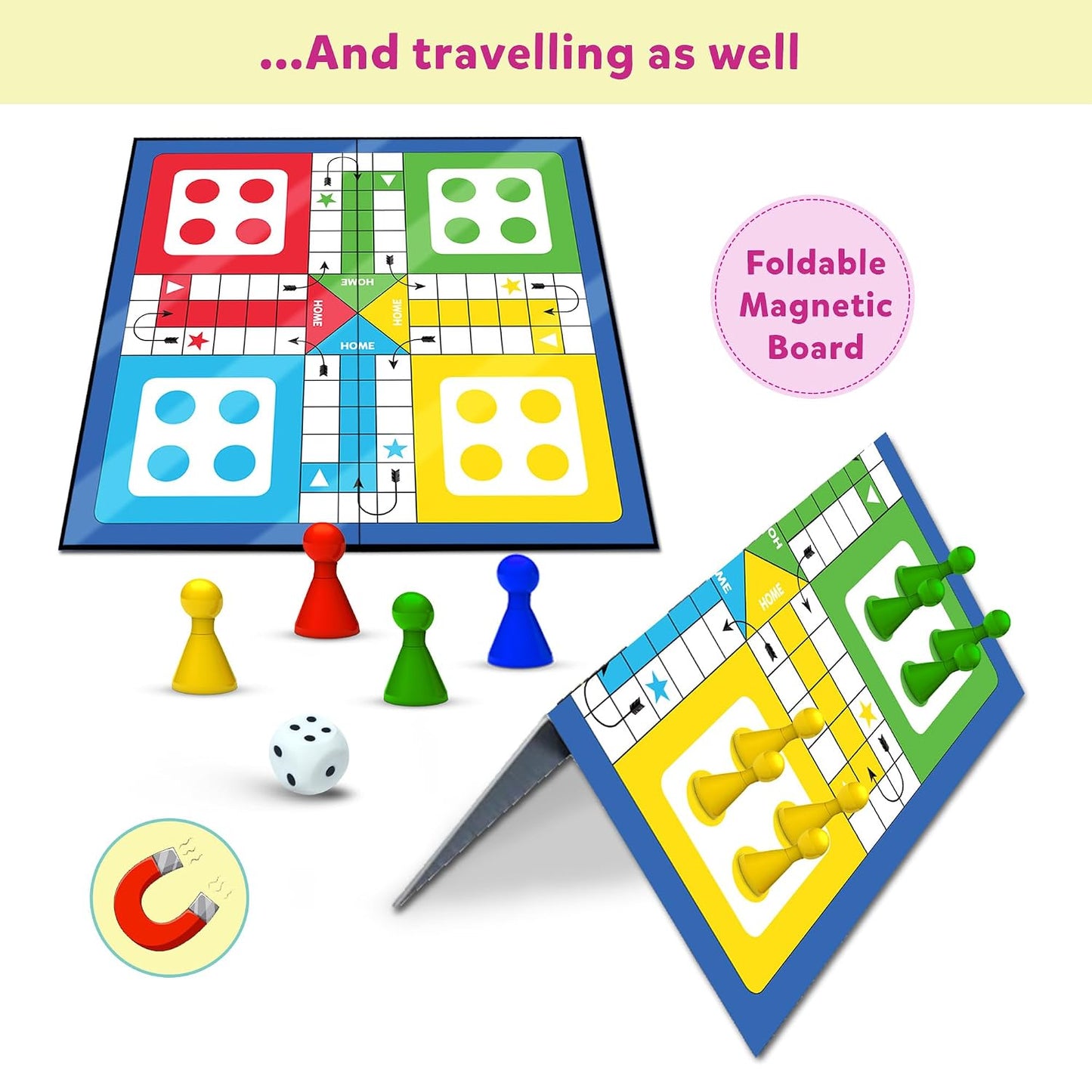 Ludo Game for Kids | 2-in-1 Magentic Snakes & Ladders and Ludo Board | 14”x14” Foldable Big Family Game for Kids & Adults | Travel-Friendly Dice Board Game