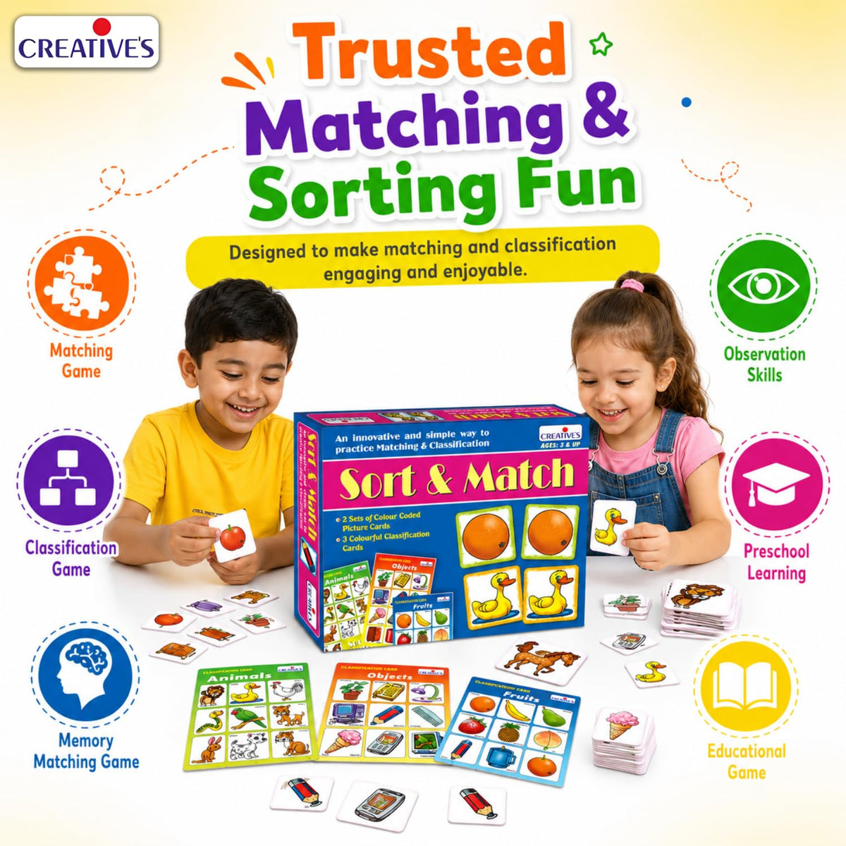 Creative’s Sort & Match | 31 Picture Pairs & Classification Boards | Memory & Sorting Game for Kids | Learn to Match, Group & Classify Everyday Objects | Educational Game for Ages 3+