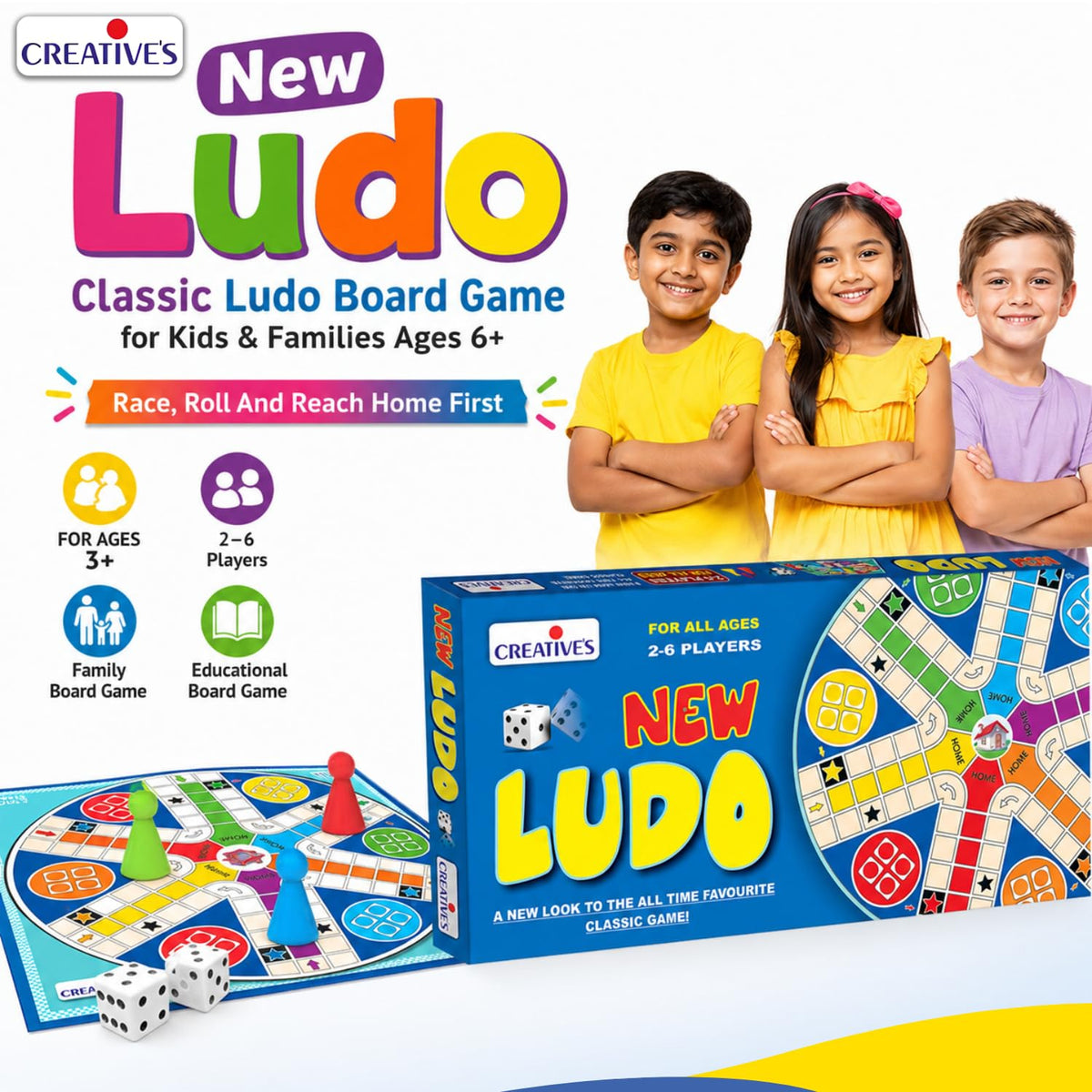 Creative's New Ludo, Board Game for Kids & Adults, Classic Family Board Game, Indoor Multiplayer Strategy, 2-6 Players, Educational Game for Family Game Night, Travel, Parties & Gatherings Ages 3+