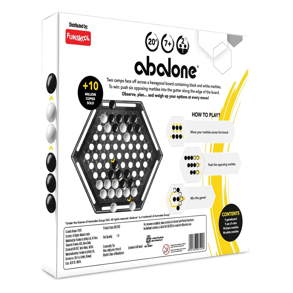 Funskool Abalone, Strategy Game, Board Game for Kids, Adults, Educational, 2 Players, 24 Black & White Marbles, Family Fun, Learning Activity Toy for Childrens, Gift Set for Kid, Ages 7+ Years