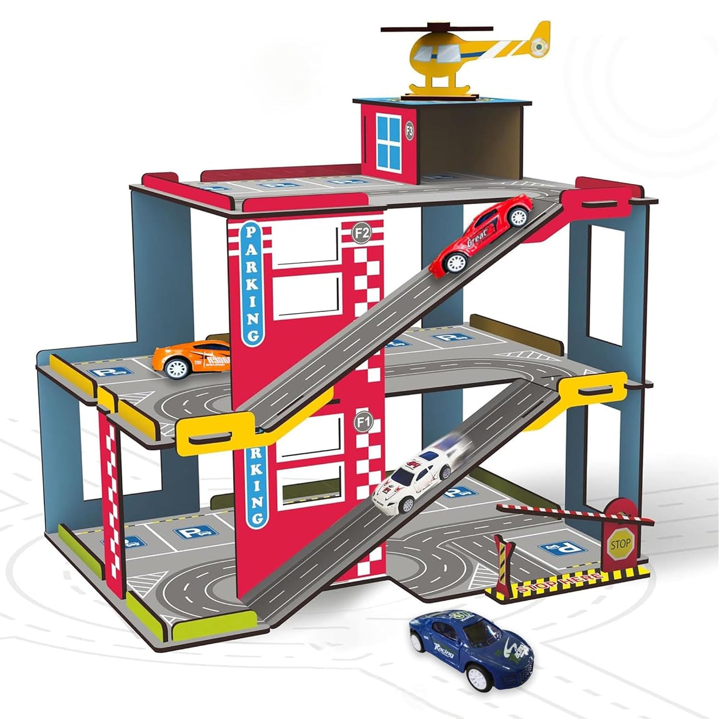Webby Multilevel Parking Garage Playset with 3 Pullback Metal Cars, Parking Gate, Sign Boards and Helicopter for Boys and Girls