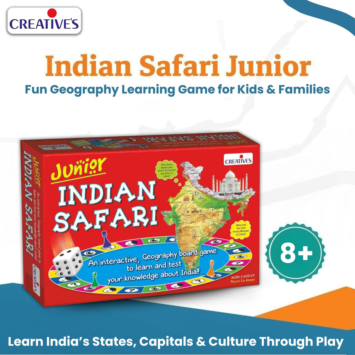 Creative's Indian Safari Junior, Geography Board Games for Kids Age 8+ Educational India Quiz Game, Learn Indian States, Capitals, Monuments & General Knowledge Screen Free Board Game for Family Night