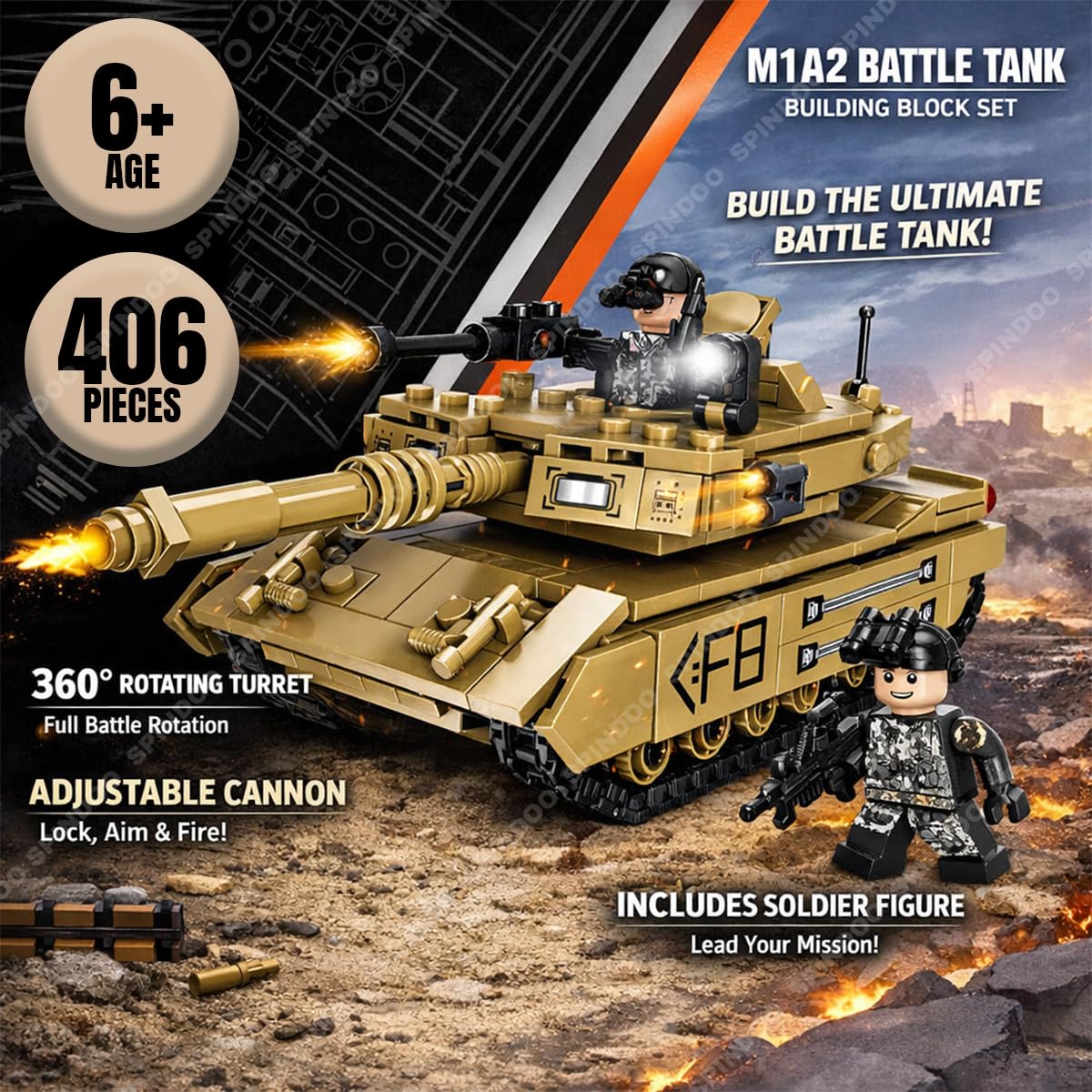 406 PCS Military M1A2 Main Battle Tank Building Block Set | Army Weapon Tank Model Brick Toy | Compatible Construction Bricks | Educational DIY Building Toy Gift for Kids Boys