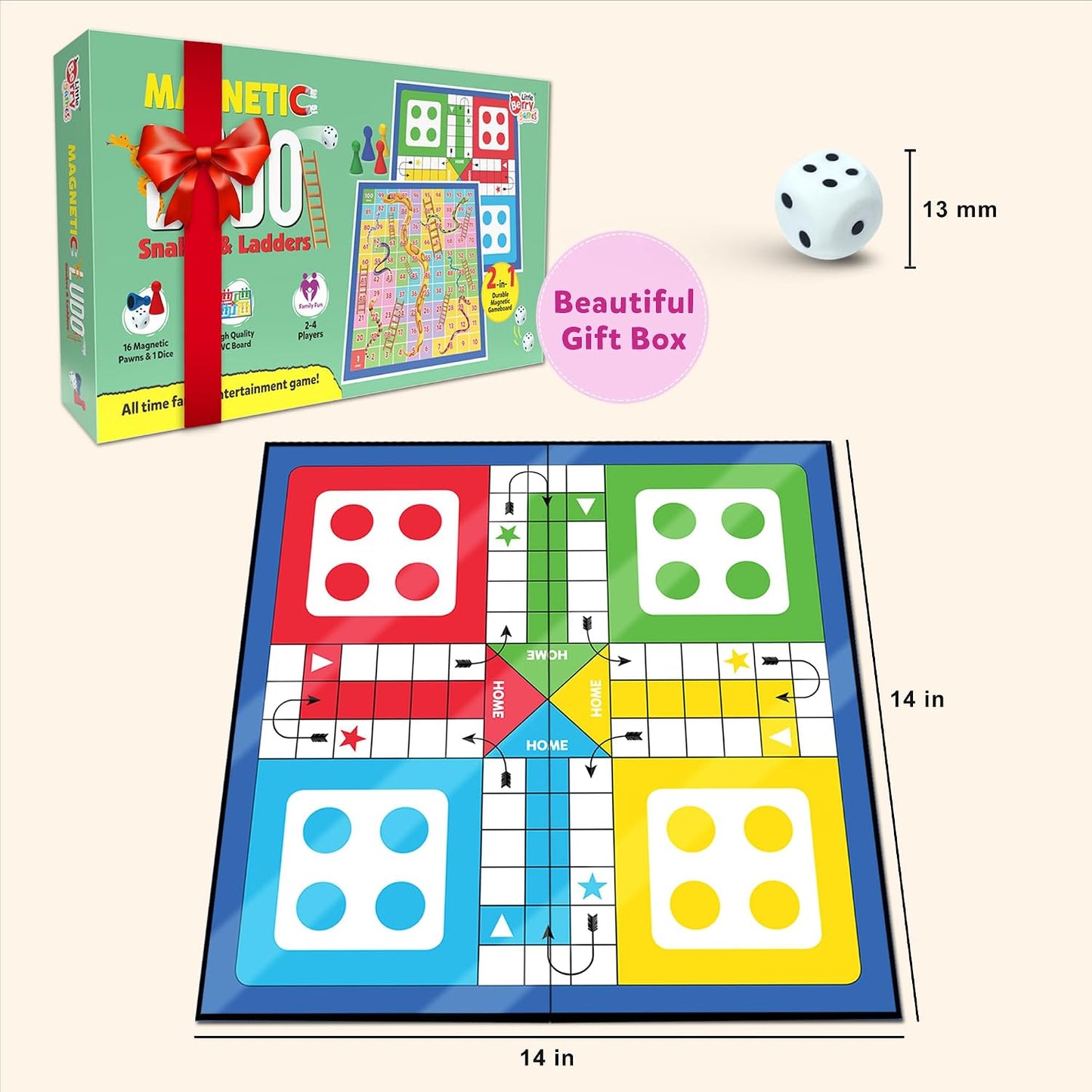 Ludo Game for Kids | 2-in-1 Magentic Snakes & Ladders and Ludo Board | 14”x14” Foldable Big Family Game for Kids & Adults | Travel-Friendly Dice Board Game