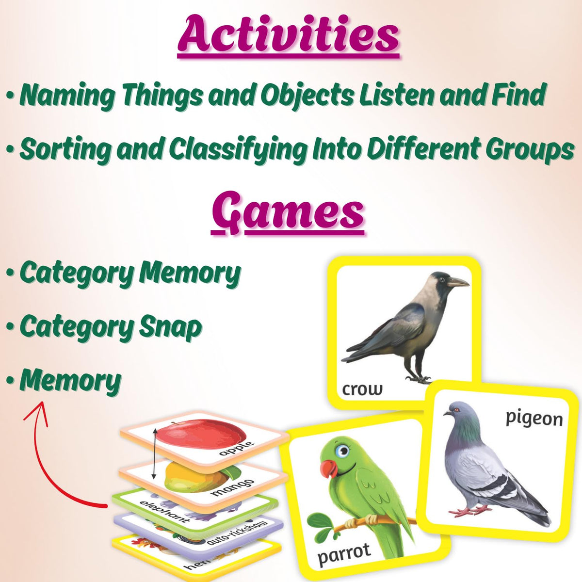 Creative’s Let’s Learn New Words & Classification | Learning Cards Game for Kids | Name, Classification, Memory, Snap Cards Game | Educational Game for Kids | Ages 3 & Up