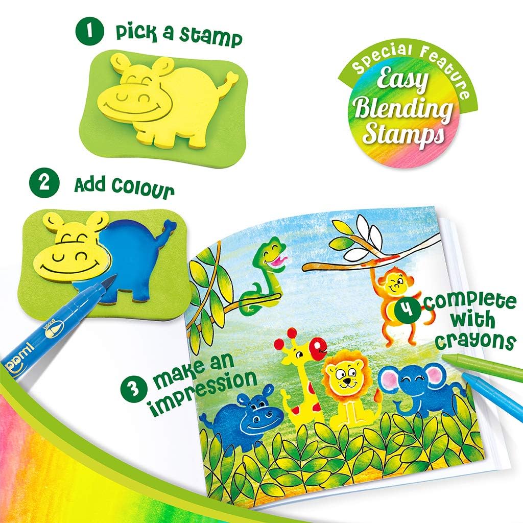 Imagimake Stamp Art Animal Kingdom | Coloring Kit | Kids Age 3+ | 12 reusable animal stamps, 4 dual-tip pens, 12 scenes & 4 templates; stamp, blend & create 16 projects; washable, mess-free