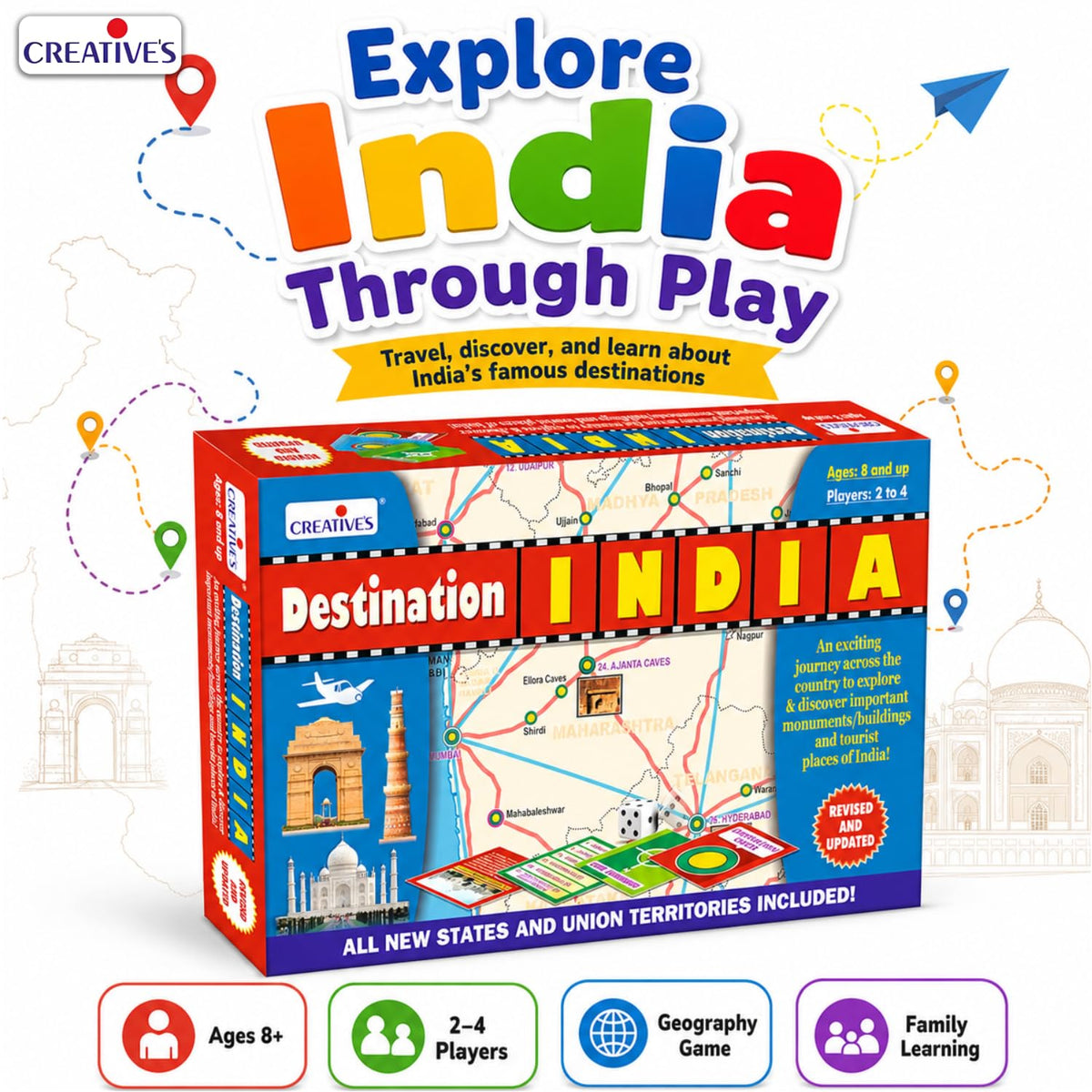 Creative's Destination India, Educational Board Games for Kids, India Geography, Monuments & Tourist Places Learning Game, Strategy Family Board Game with Destination Cards, 2-4 Players Ages 8+
