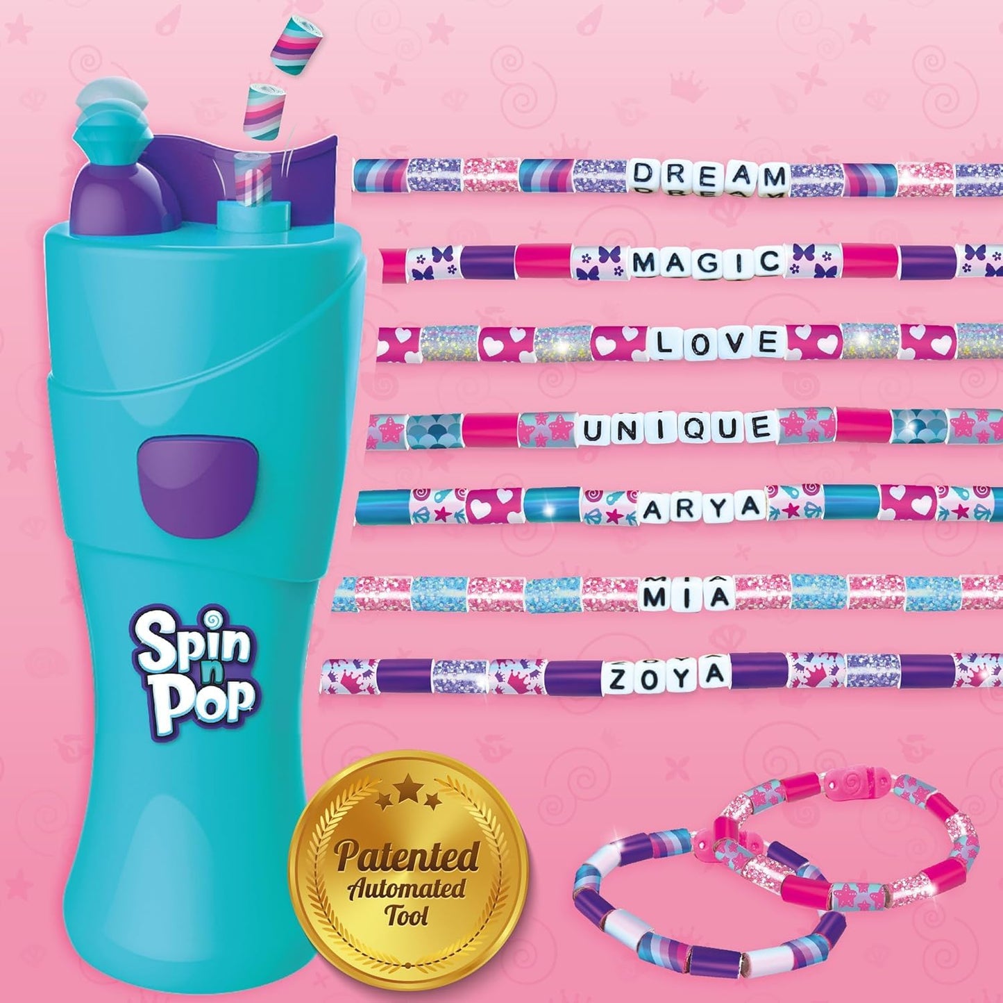 Imagimake Spin n Pop Bracelet Kit | Bracelet Maker for Girls Age 8+ | Patented Spin n Pop bracelet maker: make 10 bracelets with 100+ foil beads, 50 alphabet beads & knot-free clasps