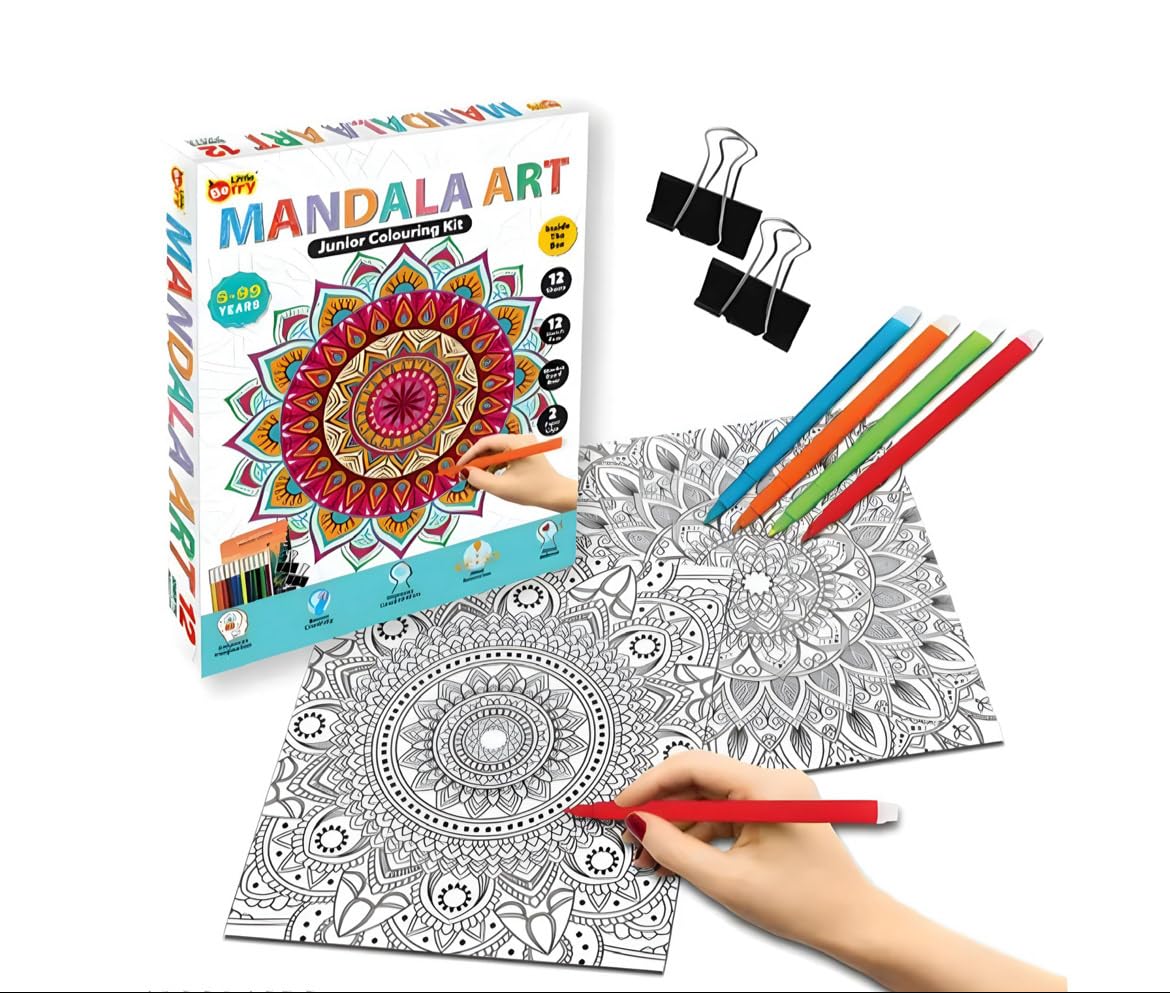 Little Berry Mandala Art Junior Colouring Kit, 5-9 Years, 12 Sheets, 12 Sketch Pens, 2 Wooden Bases