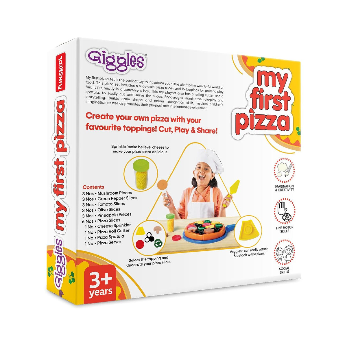 Funskool Giggles - My First Pizza, Role Play Toy, Food Set with 15 Toppings, Pretend Play, Toy for Kids and Toddlers, for 3 Years +, Multicolor