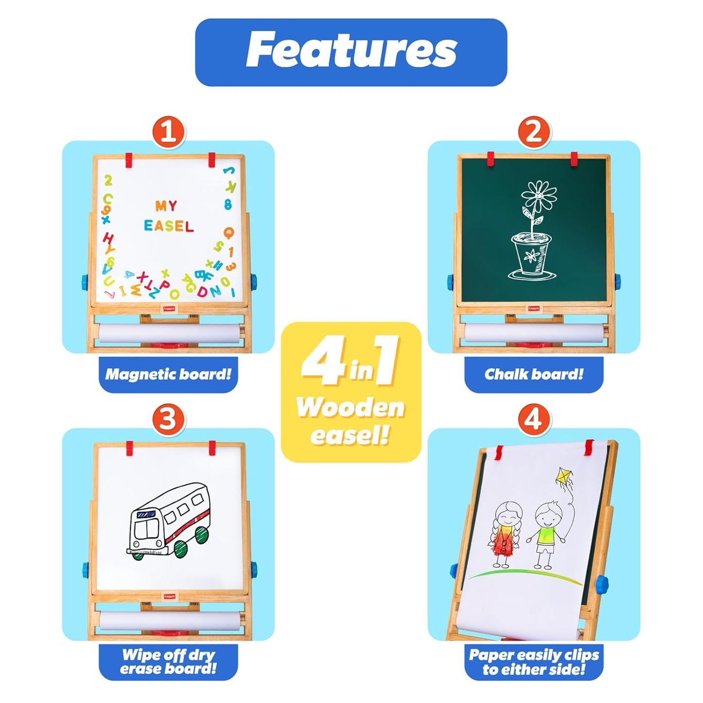 Giggles Funskool My First Easel, 4in1 Double Sided Wooden Magnetic Board with Alphabets & Numbers, Learning, Fun & Engaging Activity, Multicolor, Gift Set for Kids, Age 3+ Years