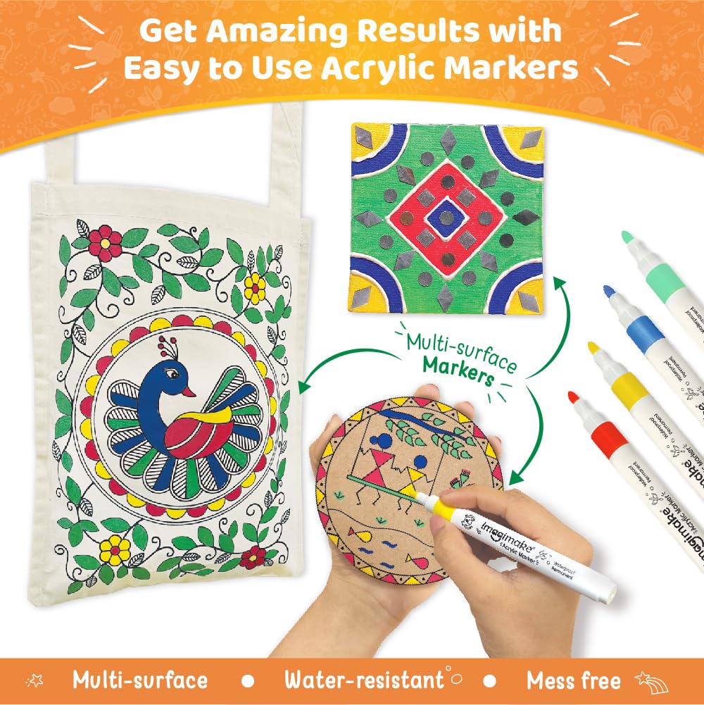 Imagimake DIY Indian Art Forms | Art & Craft Kit for Kids | Age 8+ | Learn 5 Indian art forms—Madhubani, Warli, Lippan, Mandala & block printing; 20+ craft projects; screen-free for kids