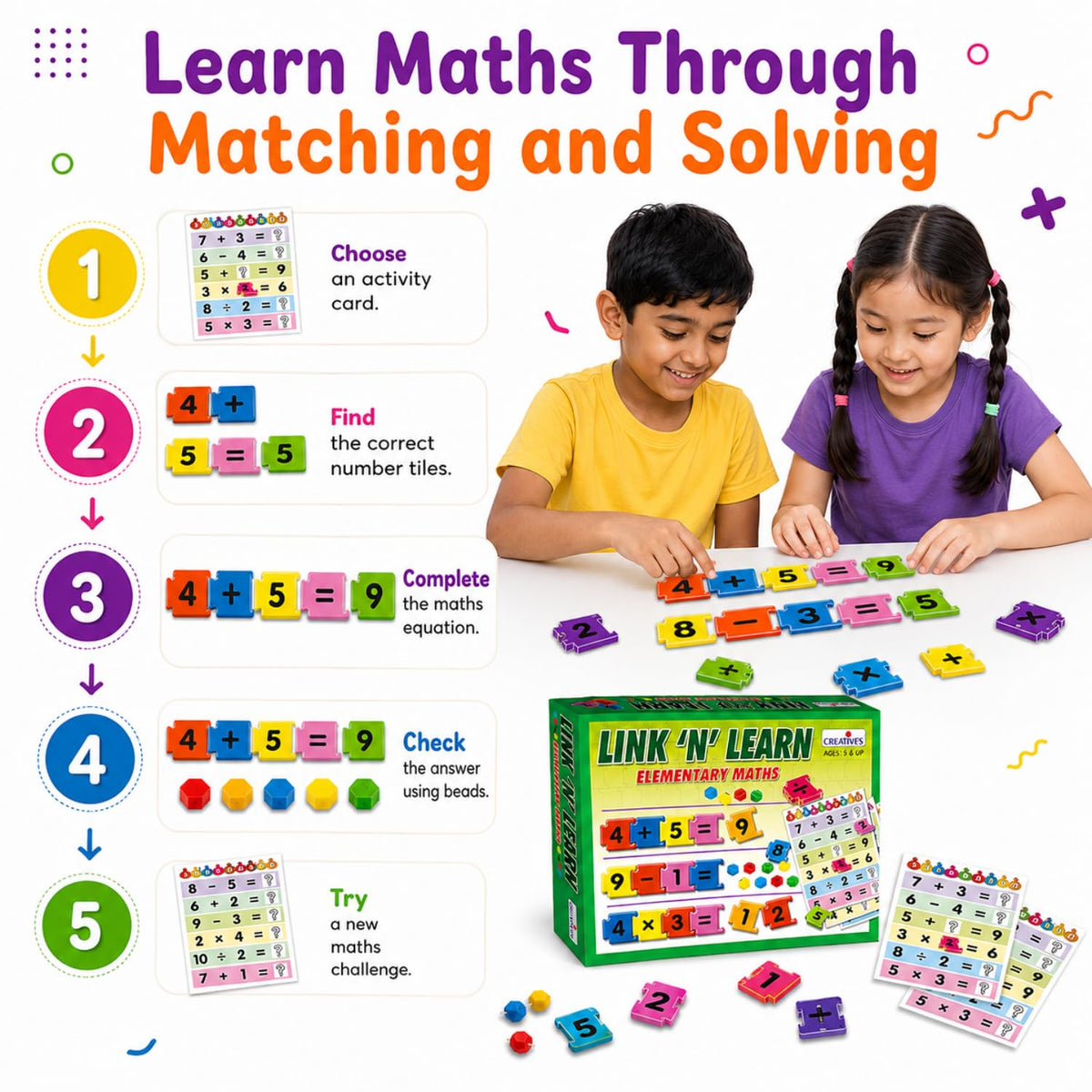 Creative’s Link ’N’ Learn Elementary Maths Game | Number & Maths Learning Toy for Kids | Addition Subtraction Multiplication Division | Educational Game Set | Ages 5+