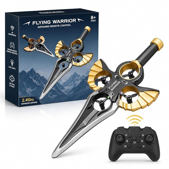 Remote Control Stunt Flying Sword Drone, Black Gold, One-Touch Lift, Infrared RC, with Handle Remote Control