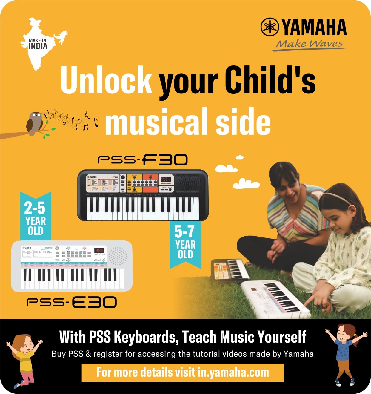 Yamaha PSS-F30 Portable Mini Keyboard – 37 Keys, Black, Built-in Rhythms, Songs & Smart Chord, Lightweight & Compact, Ideal for Kids & Beginner Musicians