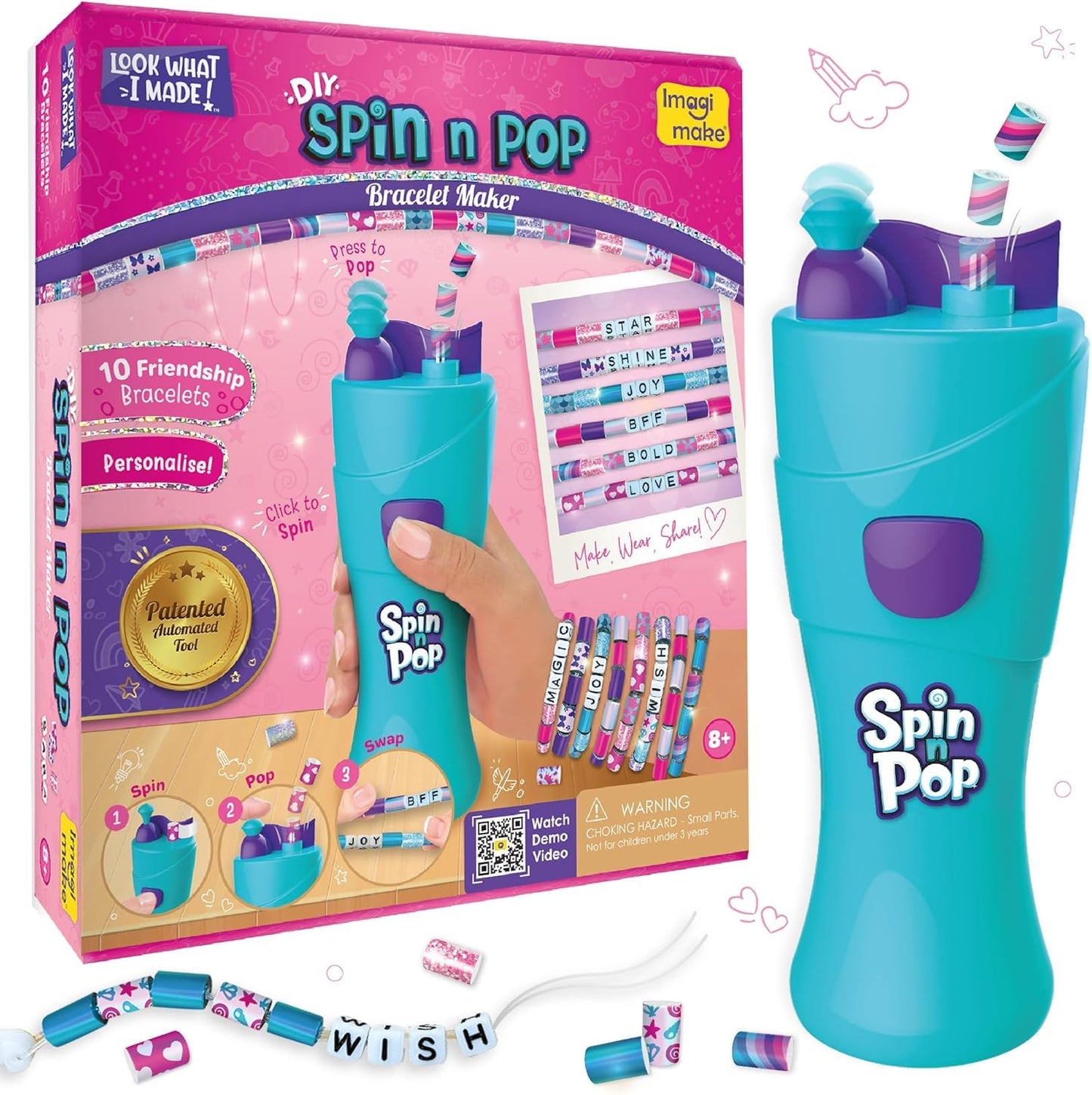 Imagimake Spin n Pop Bracelet Kit | Bracelet Maker for Girls Age 8+ | Patented Spin n Pop bracelet maker: make 10 bracelets with 100+ foil beads, 50 alphabet beads & knot-free clasps