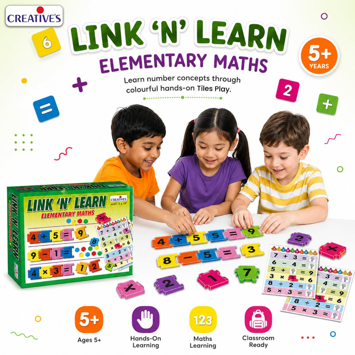 Creative’s Link ’N’ Learn Elementary Maths Game | Number & Maths Learning Toy for Kids | Addition Subtraction Multiplication Division | Educational Game Set | Ages 5+