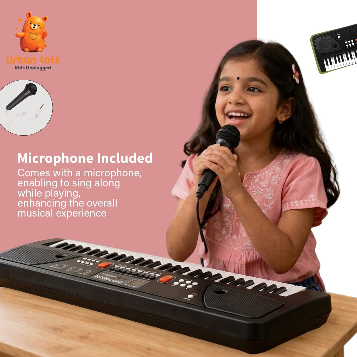 Urban Tots Kids Keyboard Piano with Mic & LCD | 61 Keys Musical Toy with Rhythms, Songs, Recording & Headphone Jack | USB & Battery Operated | Learning Piano for Kids Age 3+ (Big Piano Black)