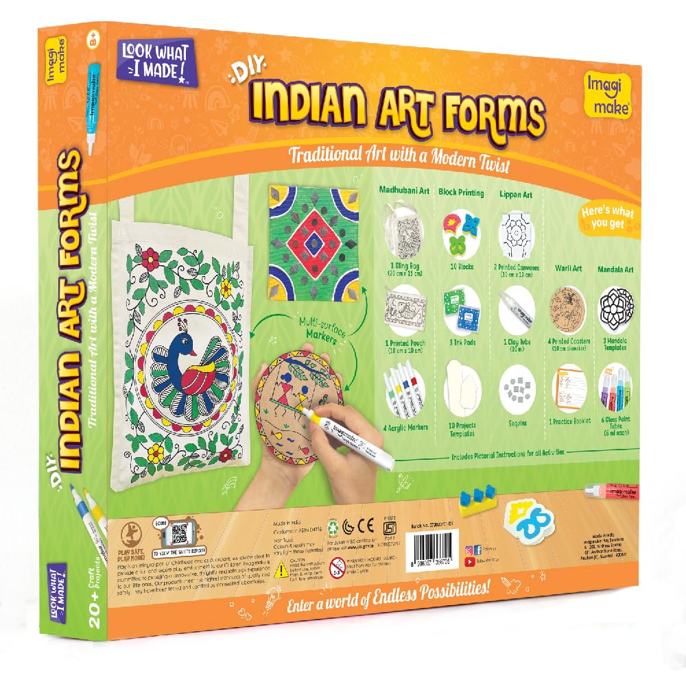 Imagimake DIY Indian Art Forms | Art & Craft Kit for Kids | Age 8+ | Learn 5 Indian art forms—Madhubani, Warli, Lippan, Mandala & block printing; 20+ craft projects; screen-free for kids