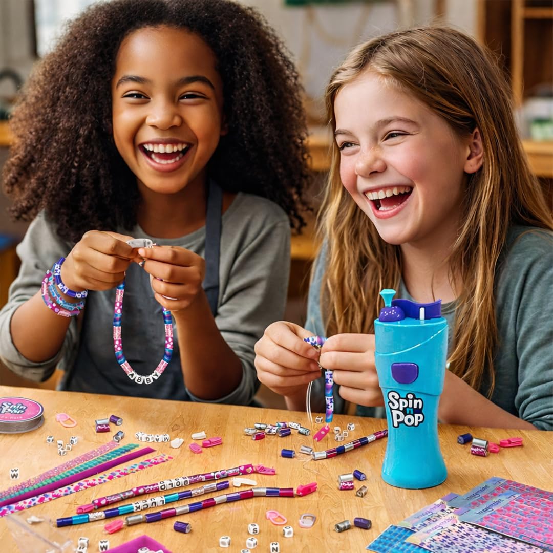 Imagimake Spin n Pop Bracelet Kit | Bracelet Maker for Girls Age 8+ | Patented Spin n Pop bracelet maker: make 10 bracelets with 100+ foil beads, 50 alphabet beads & knot-free clasps