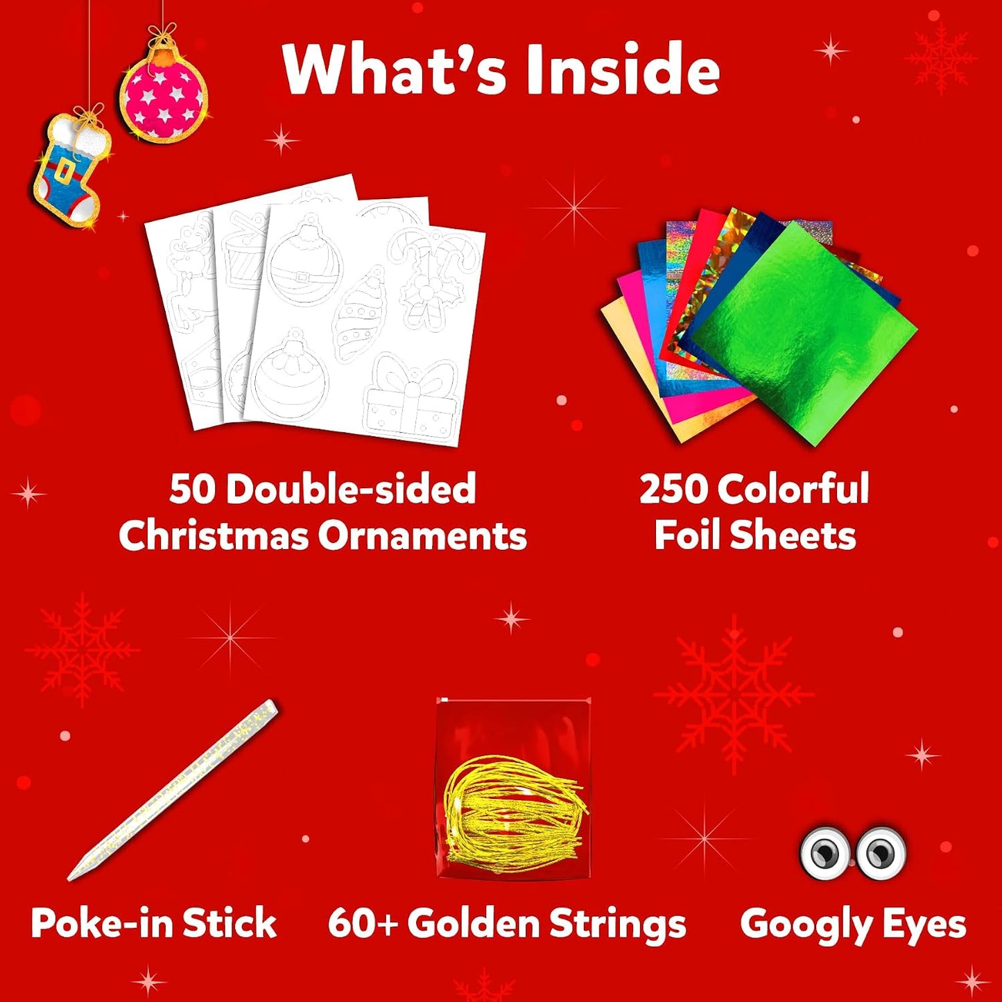 Skillmatics Foil Fun Christmas Ornaments, Foil Art, Gifts for Boys & Girls | DIY Foil Art Activity for Kids, 250+ Stickers Travel Toys, Stocking Stuffers, Mess-Free, Screen-Free, Ages 4, 5, 6, 7, 8, 9