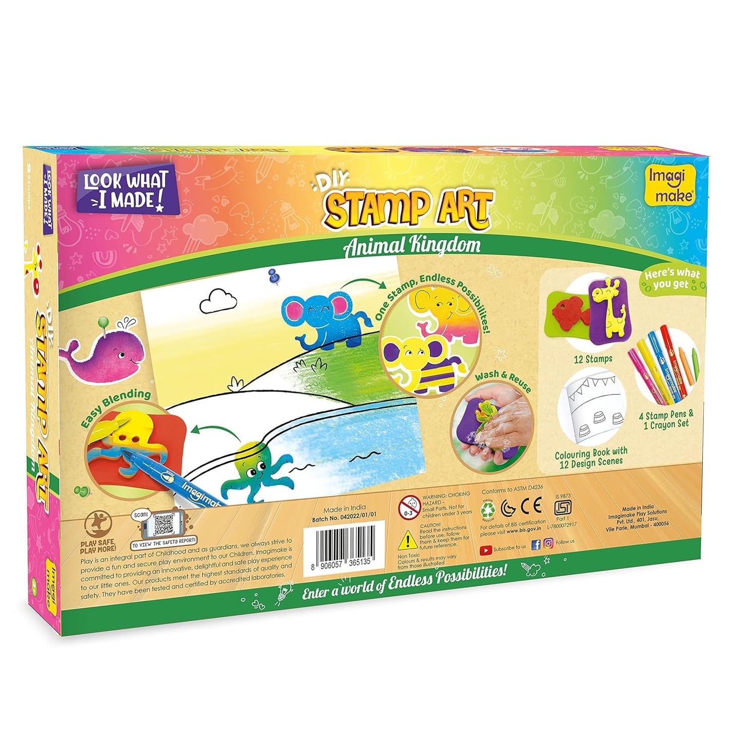 Imagimake Stamp Art Animal Kingdom | Coloring Kit | Kids Age 3+ | 12 reusable animal stamps, 4 dual-tip pens, 12 scenes & 4 templates; stamp, blend & create 16 projects; washable, mess-free