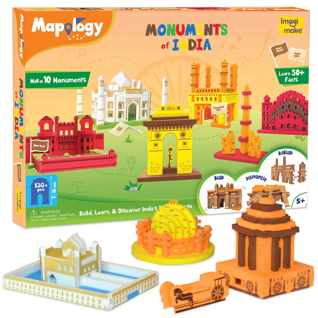 Imagimake Mapology Monuments of India | Construction Set | Age 5+ | Build 10 India monuments—Taj Mahal, India Gate, Qutub Minar & more—from 130+ pieces; 50+ facts; build, rebuild, no glue