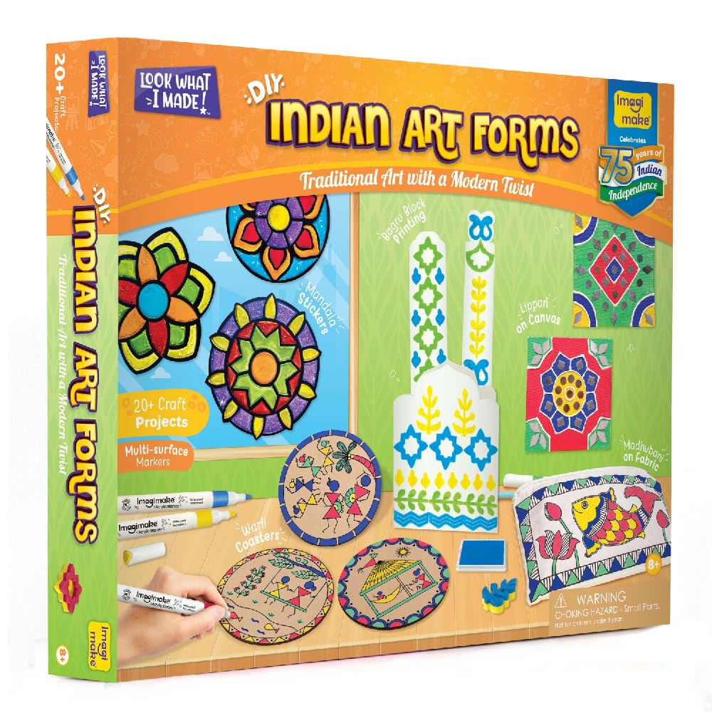 Imagimake DIY Indian Art Forms | Art & Craft Kit for Kids | Age 8+ | Learn 5 Indian art forms—Madhubani, Warli, Lippan, Mandala & block printing; 20+ craft projects; screen-free for kids