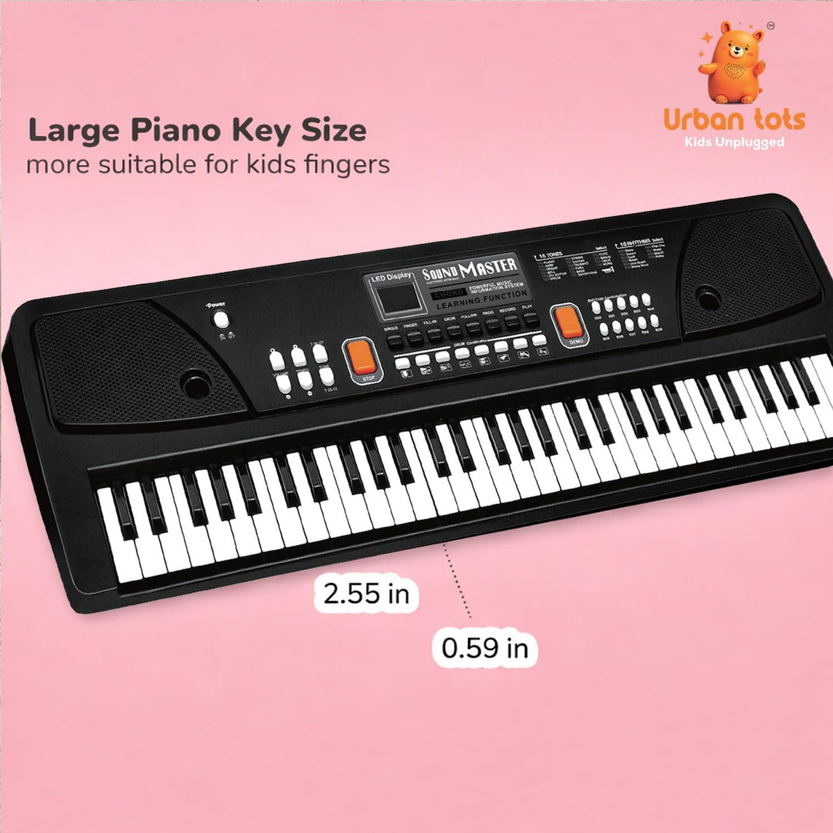 Urban Tots Kids Keyboard Piano with Mic & LCD | 61 Keys Musical Toy with Rhythms, Songs, Recording & Headphone Jack | USB & Battery Operated | Learning Piano for Kids Age 3+ (Big Piano Black)