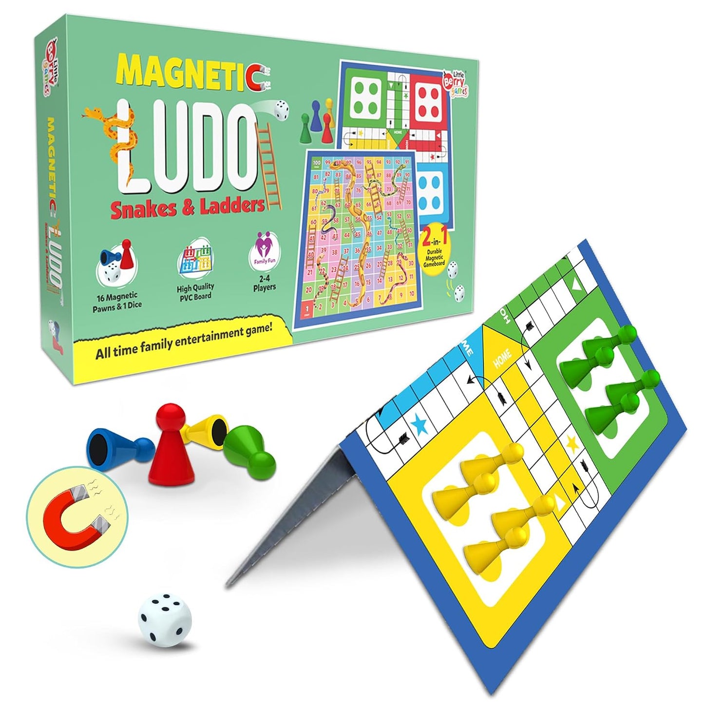 Ludo Game for Kids | 2-in-1 Magentic Snakes & Ladders and Ludo Board | 14”x14” Foldable Big Family Game for Kids & Adults | Travel-Friendly Dice Board Game