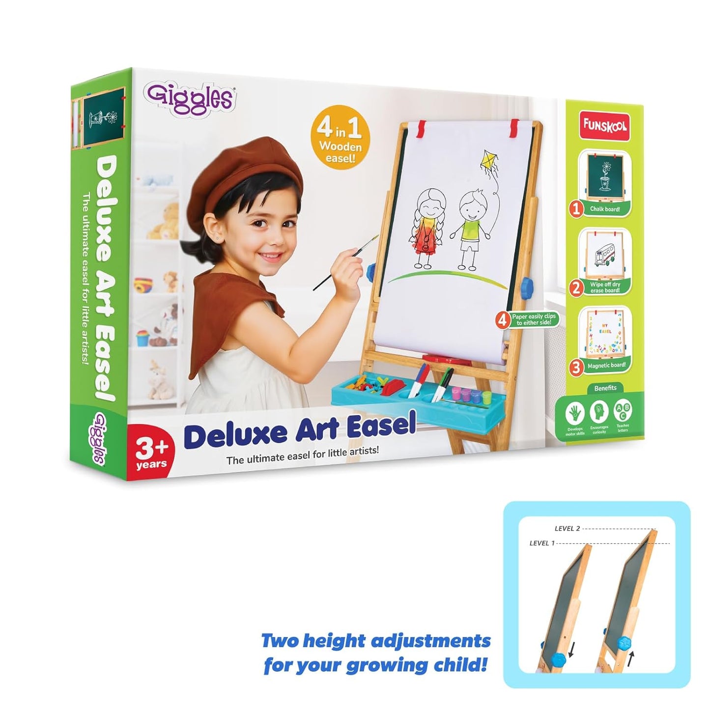 Giggles Funskool My First Easel, 4in1 Double Sided Wooden Magnetic Board with Alphabets & Numbers, Learning, Fun & Engaging Activity, Multicolor, Gift Set for Kids, Age 3+ Years
