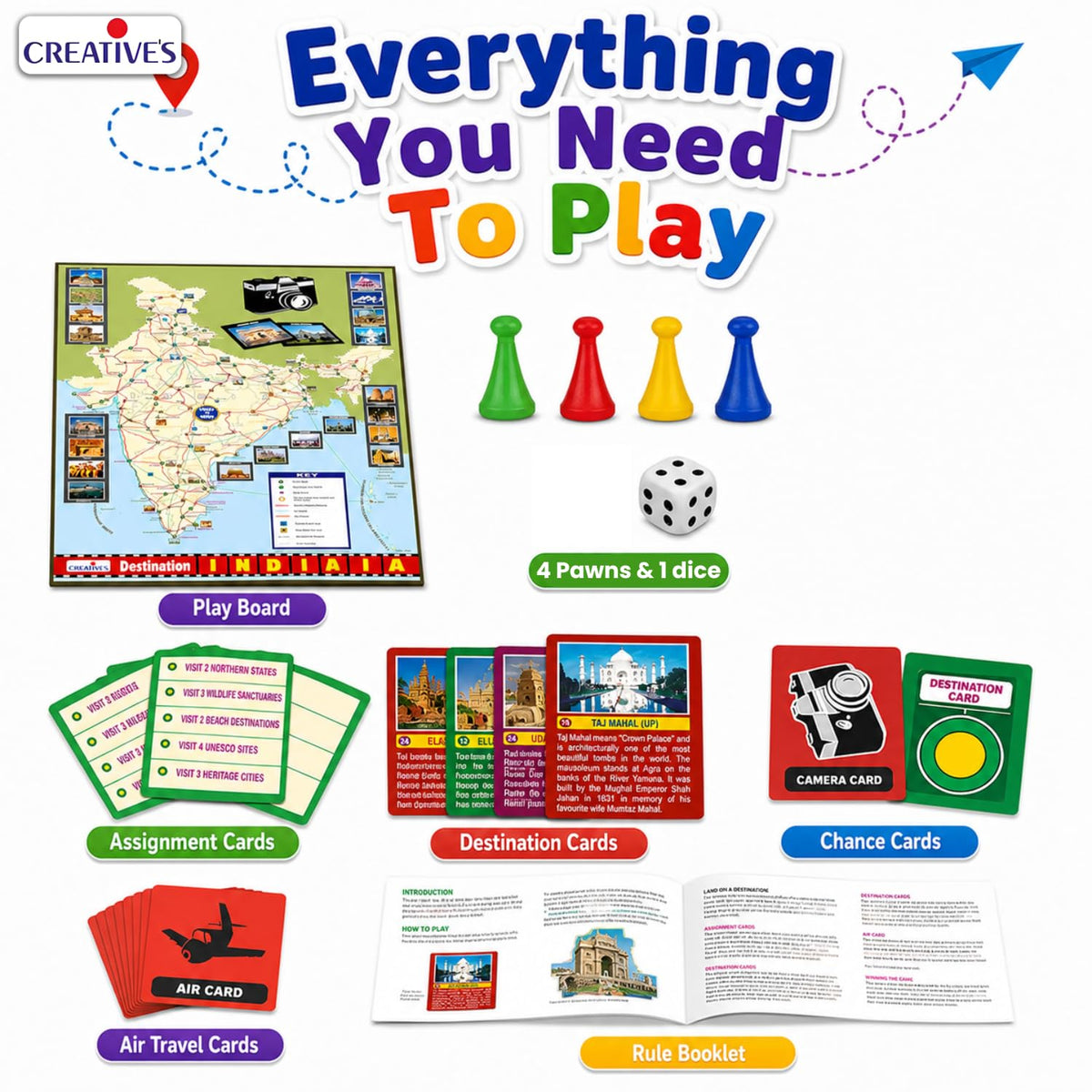 Creative's Destination India, Educational Board Games for Kids, India Geography, Monuments & Tourist Places Learning Game, Strategy Family Board Game with Destination Cards, 2-4 Players Ages 8+