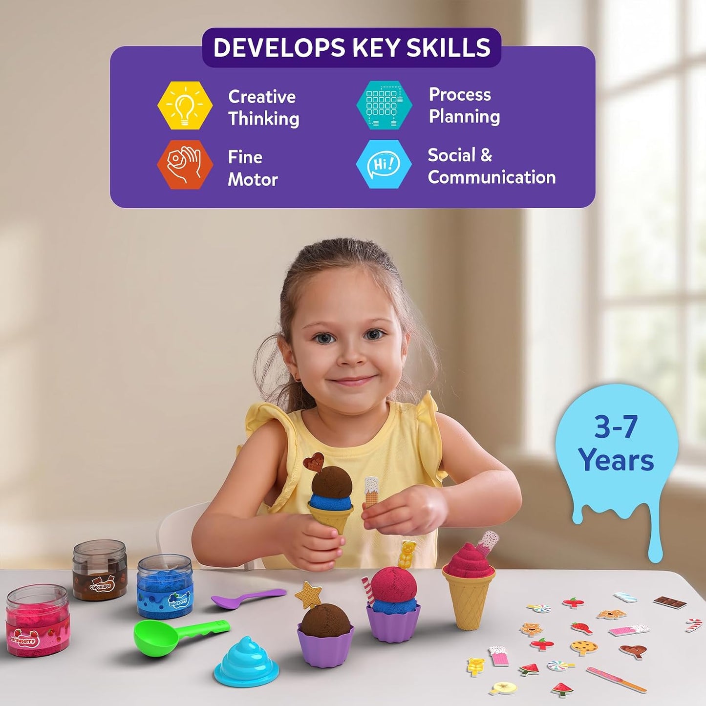 Skillmatics Sandeezy Pretend Play – Ice Cream Parlour, Mess-Free Sand Set | Sensory Toy with Moulds, Tools & Toppings for Kids, Non-Toxic, Indoor Activity, Screen-Free Gift for Ages 3, 4, 5, 6, 7