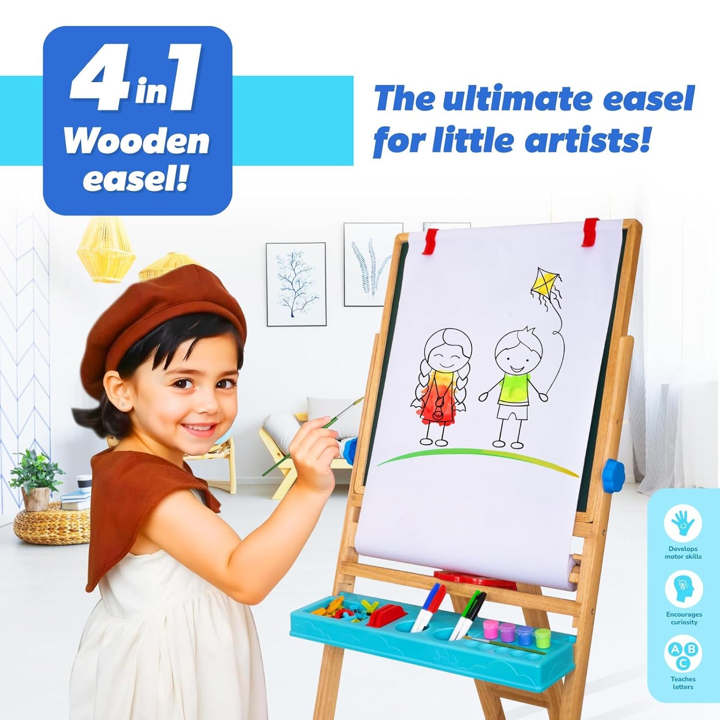 Giggles Funskool My First Easel, 4in1 Double Sided Wooden Magnetic Board with Alphabets & Numbers, Learning, Fun & Engaging Activity, Multicolor, Gift Set for Kids, Age 3+ Years