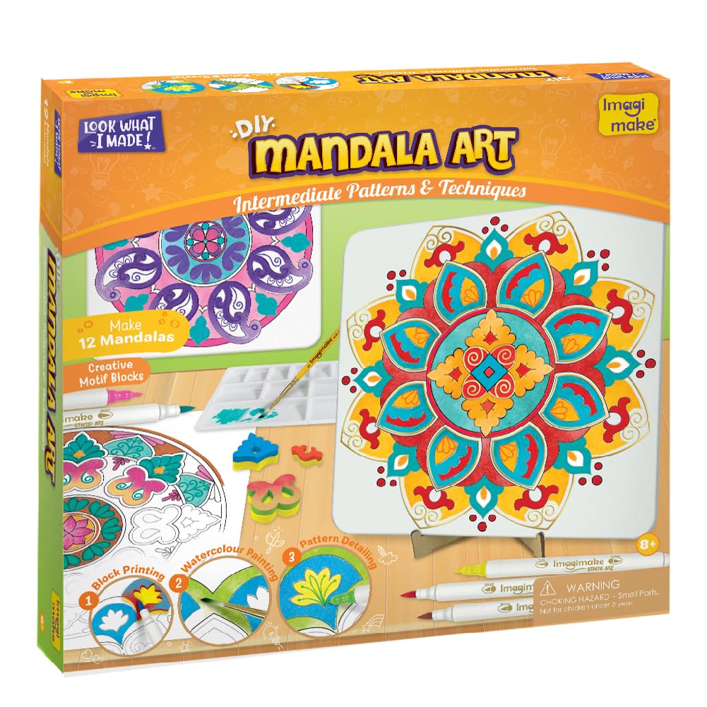 Imagimake DIY Mandala Art Kit | Art & Craft Kit for Girls Age 10+ | Mandala art kit: 12 paintings, 3 canvases, 15 motif blocks & 10 brush pens; block print, blend & watercolour; age 10+