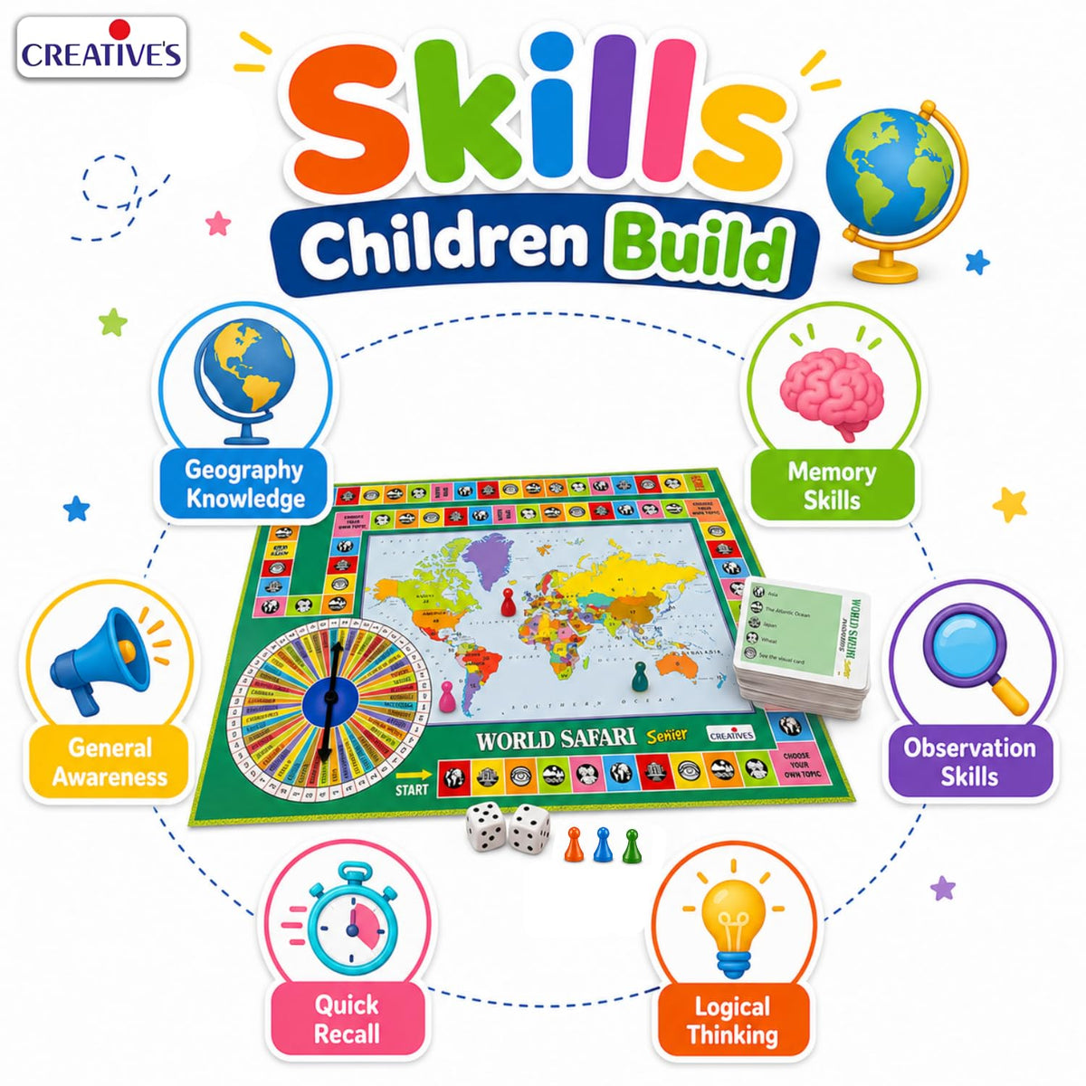 Creative's World Safari Senior| World Geography Learning Game for Kids & Adults| Educational Board Games with World Map, Learn about Countries, Capitals, Continents, GK Quiz, Ages 10+, 2-6 Players