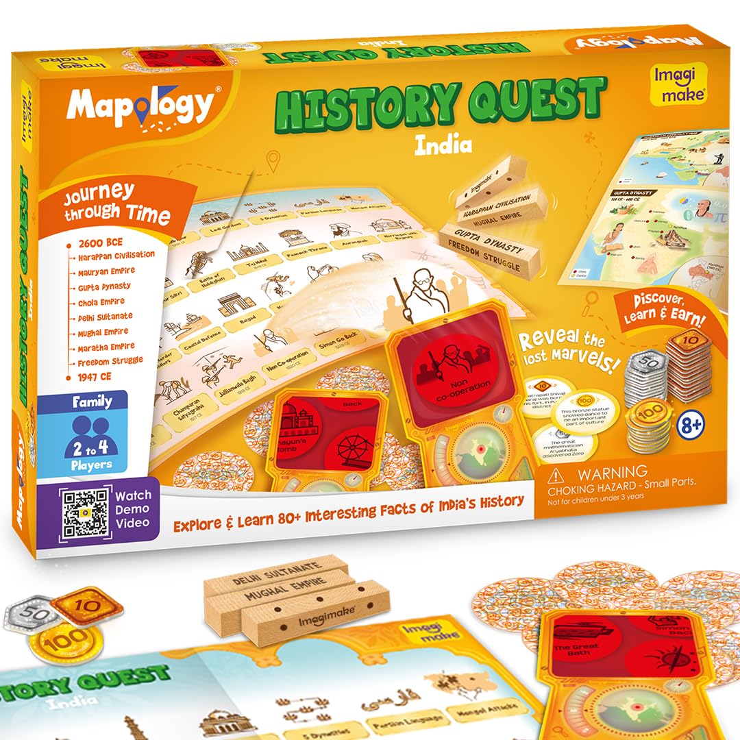 Imagimake Mapology History Quest India | Educational Board Game | Age 8+ | History board game: 84 artefact tokens, 4 discovery lenses, 3 dice & 90 coins; explore 8 eras of Indian history & 80+ facts