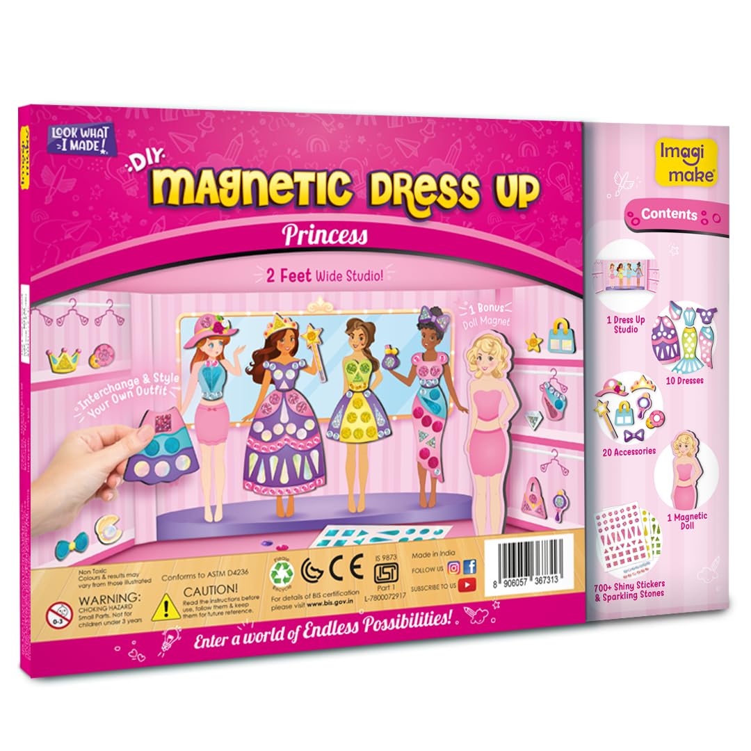 Imagimake DIY Magnetic Dress-Up Princess | Pretend Play for Girls Age 3+ | 10 dresses, 20 accessories, 700+ stickers & stones + bonus magnet doll & studio; mix, match & style endless princess outfits