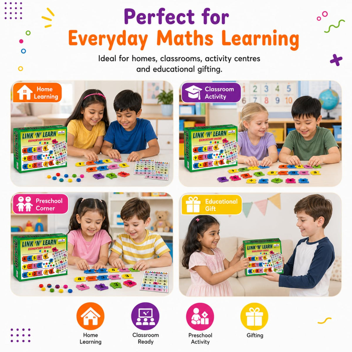 Creative’s Link ’N’ Learn Elementary Maths Game | Number & Maths Learning Toy for Kids | Addition Subtraction Multiplication Division | Educational Game Set | Ages 5+