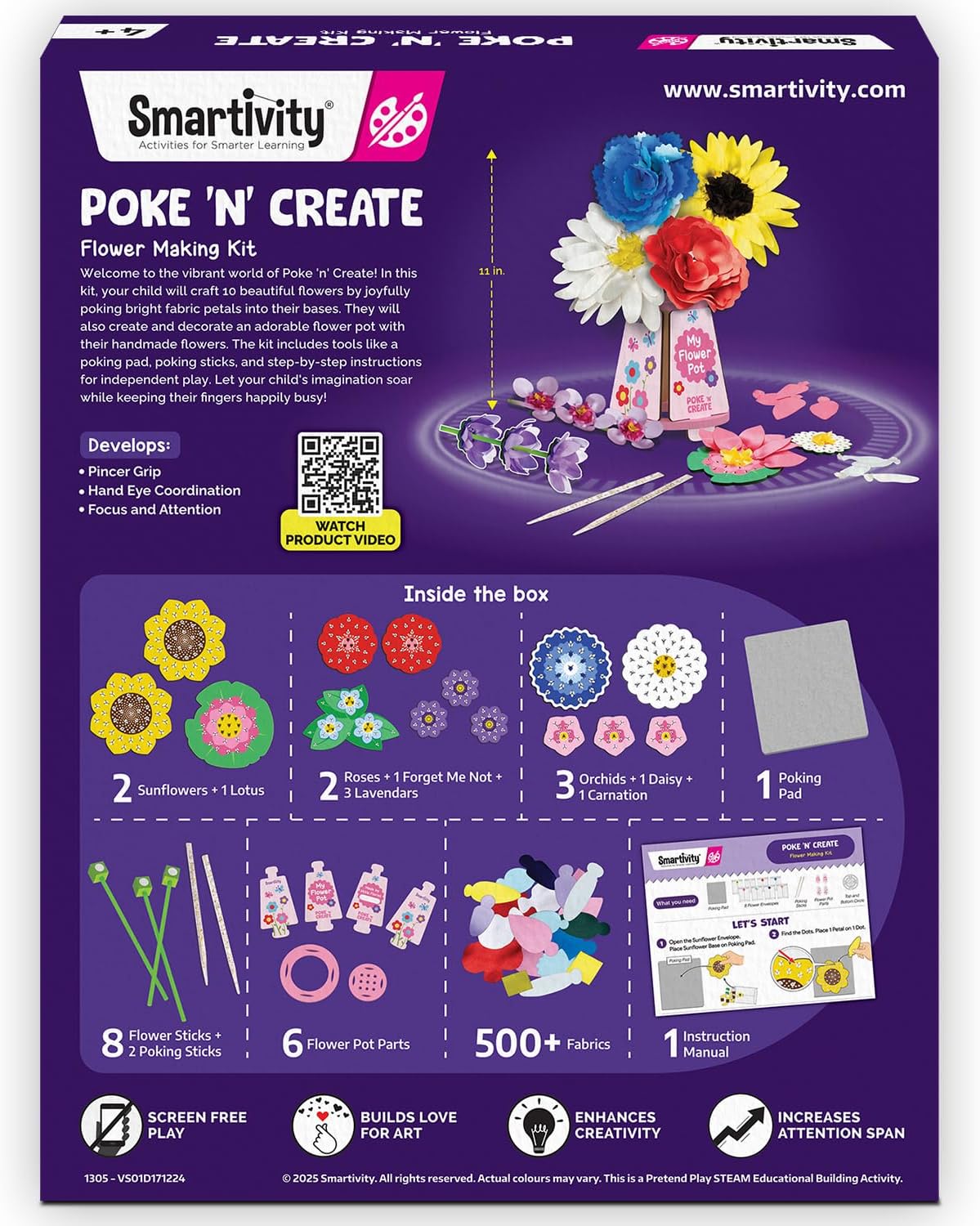 Smartivity Art & Craft Kit - Poke Art Flower Making Kit for Kids Ages 4, 5, 6, 7, 8, 9, 10 Years Old, Create 8 Beautiful Flowers with Pot, Creative Birthday Gift for Girls & Boys, DIY Fun Activity Kit
