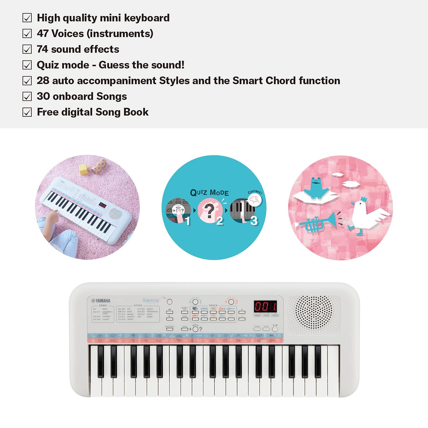 Yamaha PSS-E30 Remie Portable Mini Keyboard – 37 Keys, White, Built-in Songs, Sound Effects & Quiz Mode, Lightweight, Ideal for Kids & Early Learners