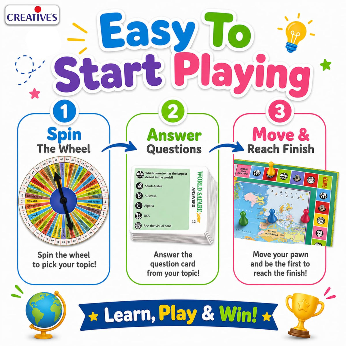 Creative's World Safari Senior| World Geography Learning Game for Kids & Adults| Educational Board Games with World Map, Learn about Countries, Capitals, Continents, GK Quiz, Ages 10+, 2-6 Players
