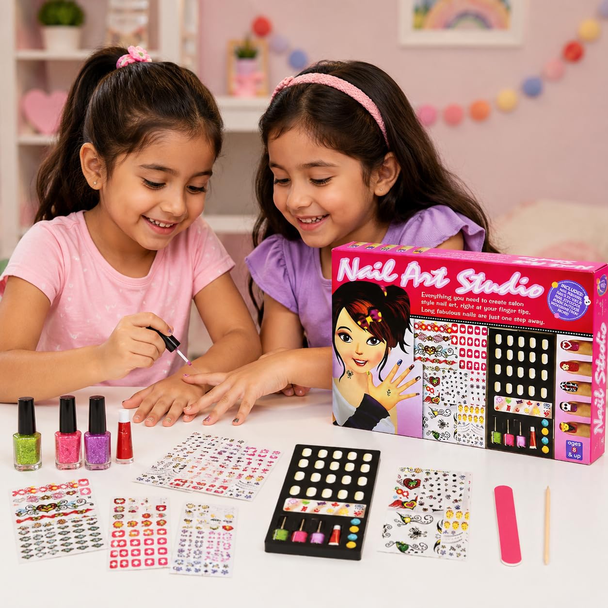 Nail Art Studio Kit for Girls | DIY Nail Polish Set with Artificial Nails, Nail Stickers, Glitter, Nail Tattoos & Decorative Accessories | Beauty Salon Pretend Play Gift Toy for Kids Age 8+
