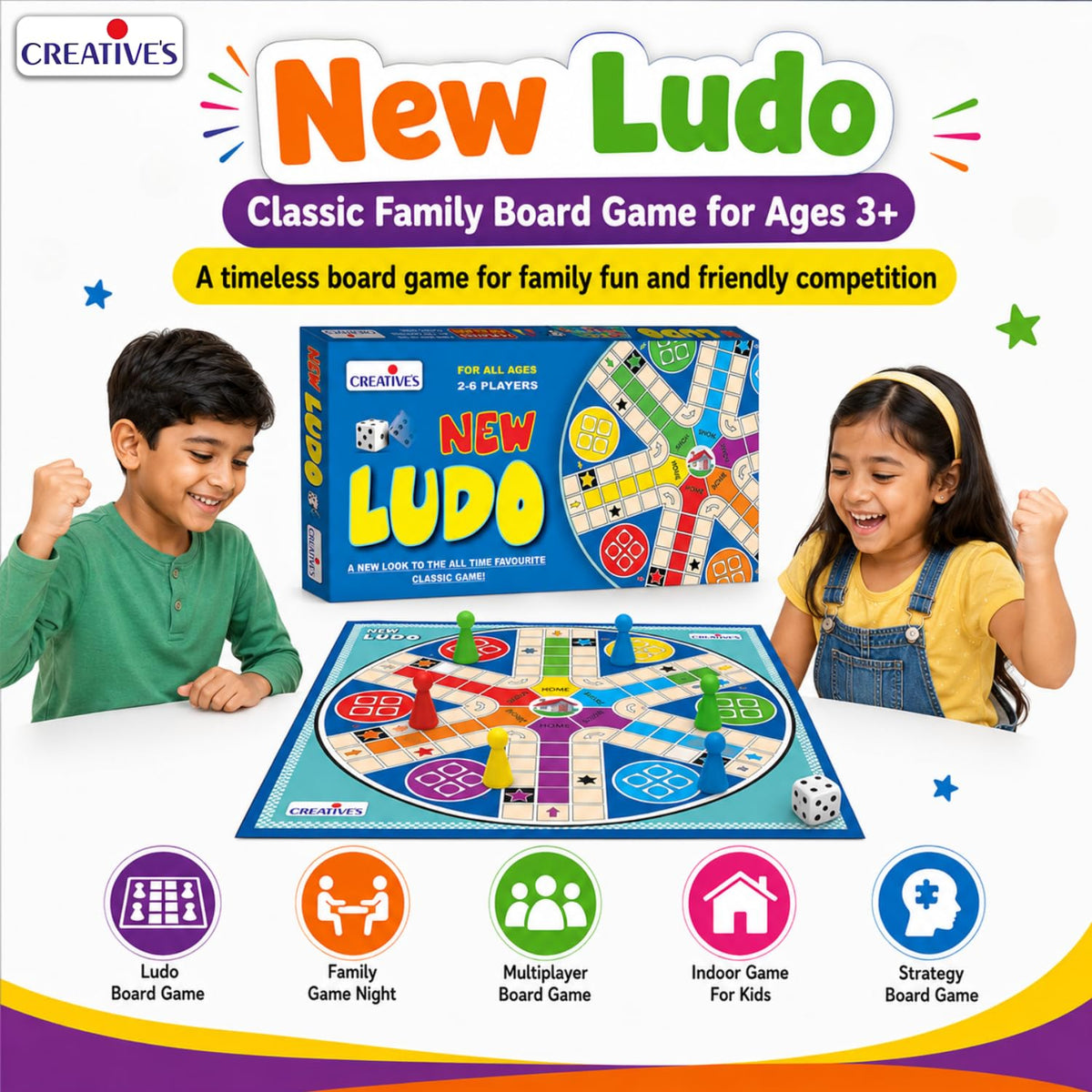 Creative's New Ludo, Board Game for Kids & Adults, Classic Family Board Game, Indoor Multiplayer Strategy, 2-6 Players, Educational Game for Family Game Night, Travel, Parties & Gatherings Ages 3+