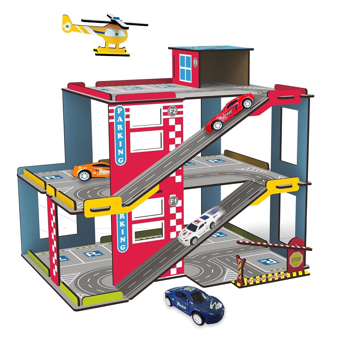 Webby Multilevel Parking Garage Playset with 3 Pullback Metal Cars, Parking Gate, Sign Boards and Helicopter for Boys and Girls