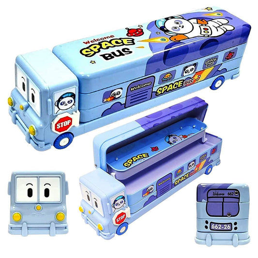 Kiddie Galaxia® Pencil Box Cartoon Printed School Bus Metal Double Decker Bus Shape Pencil Box for Kids with Moving Tyres & 3 Compartments Sharpener Geometry Case for Boys & Girls