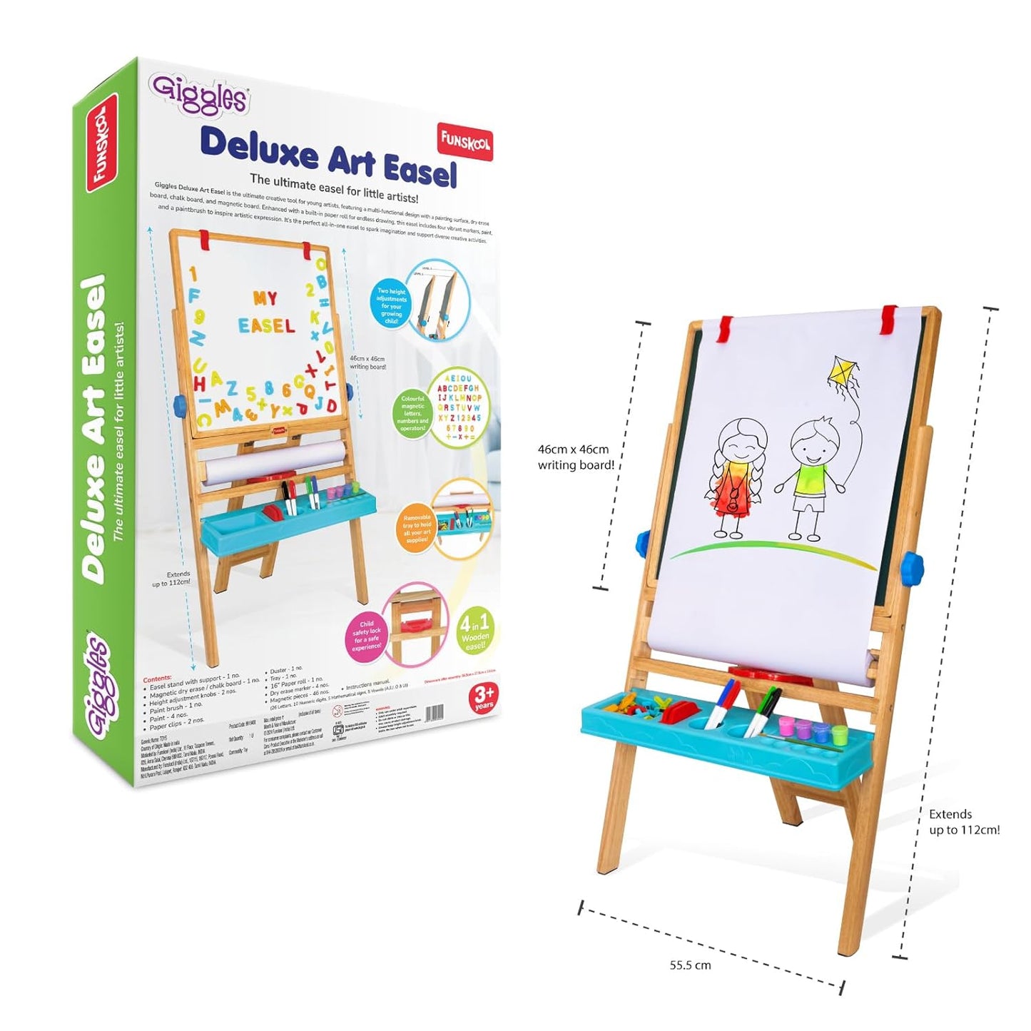 Giggles Funskool My First Easel, 4in1 Double Sided Wooden Magnetic Board with Alphabets & Numbers, Learning, Fun & Engaging Activity, Multicolor, Gift Set for Kids, Age 3+ Years
