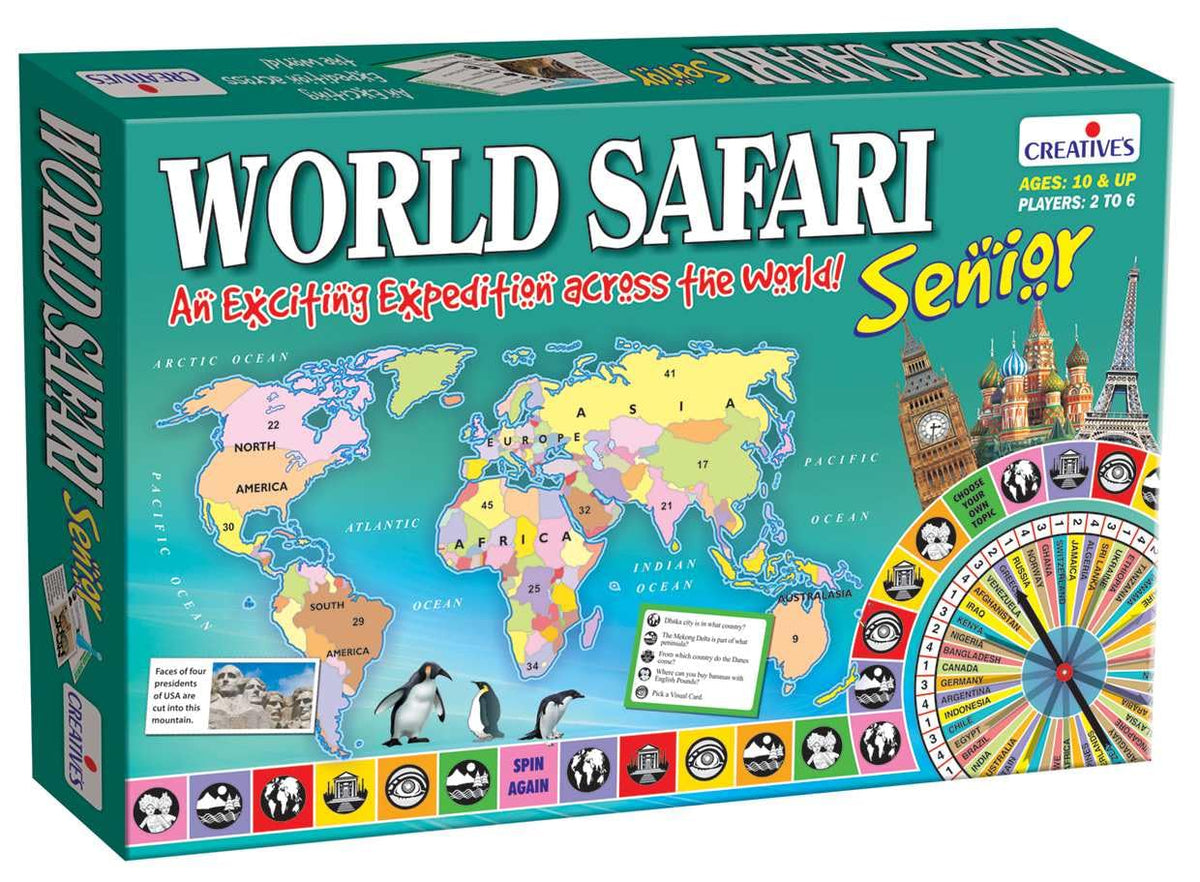 Creative's World Safari Senior| World Geography Learning Game for Kids & Adults| Educational Board Games with World Map, Learn about Countries, Capitals, Continents, GK Quiz, Ages 10+, 2-6 Players