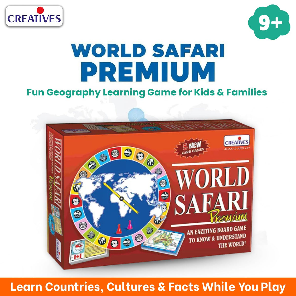 Creative's World Safari Premium Educational Geography Board Games for Kids Age 9+, World Map Quiz Game with 864 Questions & Answers Countries, Capitals & General Knowledge Learning Game 2-6 Players