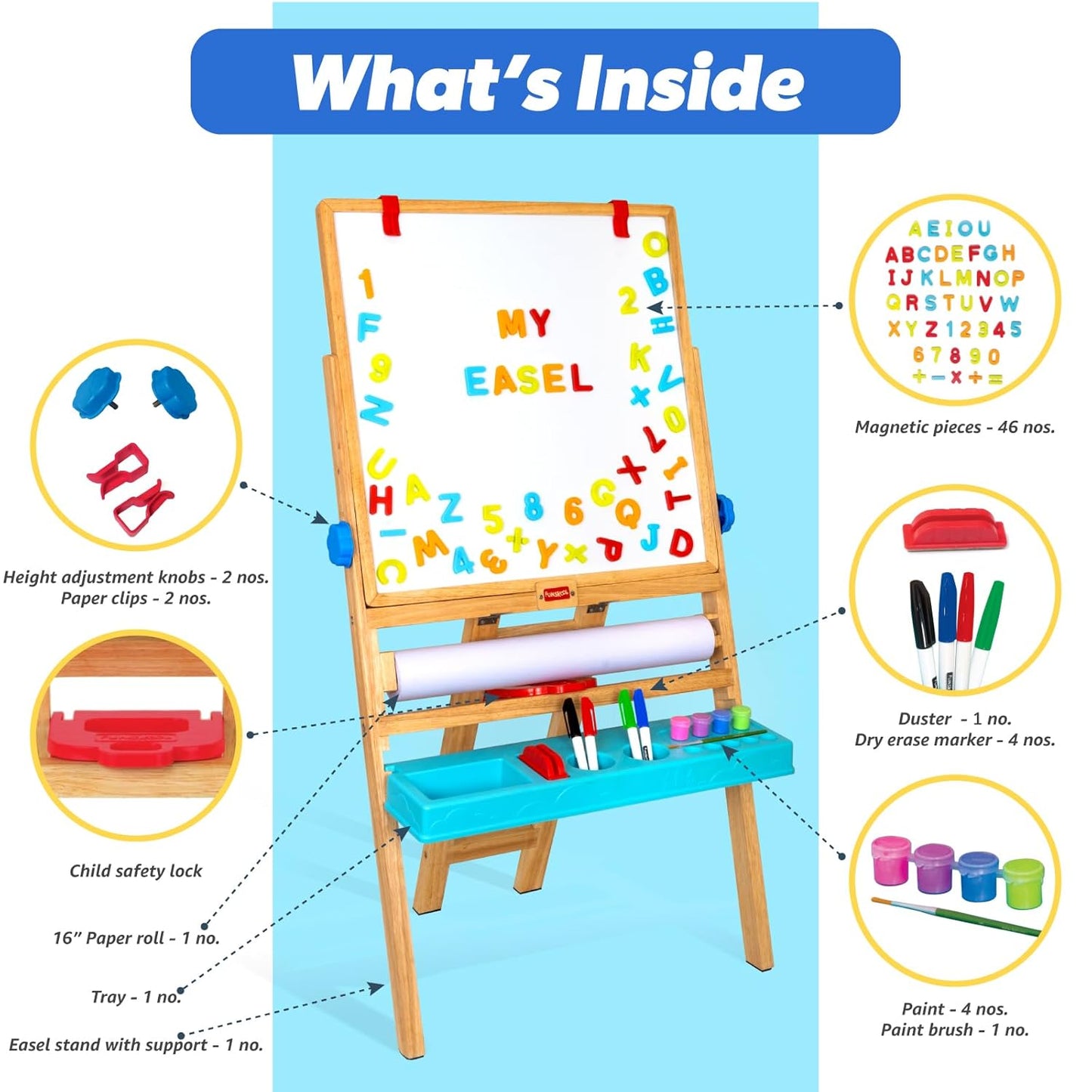 Giggles Funskool My First Easel, 4in1 Double Sided Wooden Magnetic Board with Alphabets & Numbers, Learning, Fun & Engaging Activity, Multicolor, Gift Set for Kids, Age 3+ Years